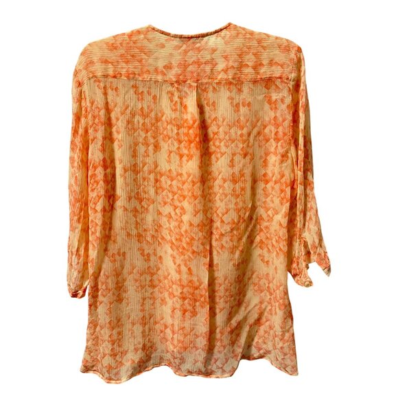 Cabi Womens Button-Down Silk Sheer Blouse Sz M Orange & Cream Geometric Print - Picture 10 of 12